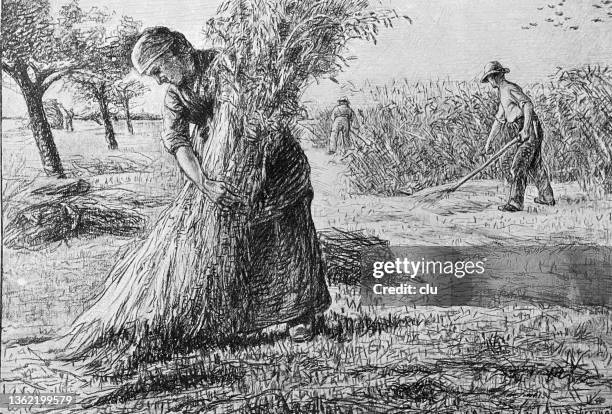 wheat harvest, the reapers - farm worker stock illustrations