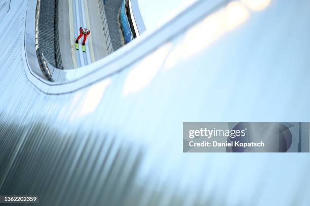 Simon Ammann of Switzerland jumps during the Individual HS142 at the Four Hills Tournament Men Garmisch-Partenkirchen at Olympiaschanze on January...