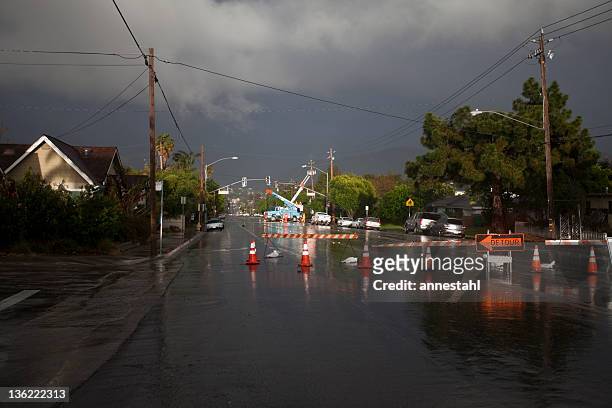 detour - powerline down during storm - extreme weather stock pictures, royalty-free photos & images