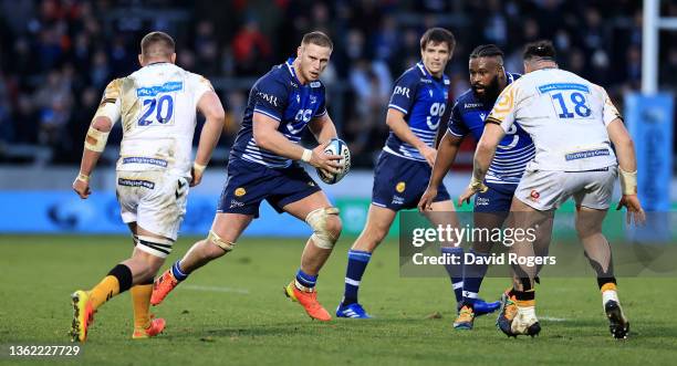 Jean-Luc du Preez of Sale Sharks charges upfield during the Gallagher Premiership Rugby match between Sale Sharks and Wasps at AJ Bell Stadium on...