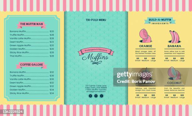 ilustraciones, imágenes clip art, dibujos animados e iconos de stock de vintage cupcake cafe o ice cream tri-fold brochure menú para lindo restaurante panadería póster promocional o folleto - fabricación de galletas