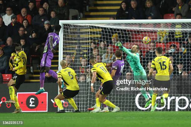 Davinson Sanchez of Tottenham Hotspur scores their side's first goal during the Premier League match between Watford and Tottenham Hotspur at...