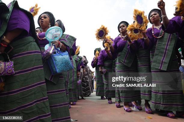 Women of the Obaneye Age group dance as they pay homage to the king at the Ojude Oba festival in Ijebu, Ogun state, Nigeria on June 30, 2023.