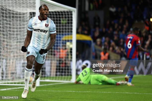 Michail Antonio of West Ham United celebrates after scoring their side's first goal during the Premier League match between Crystal Palace and West...