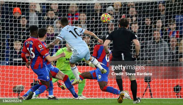 Manuel Lanzini of West Ham United scores their side's second goal during the Premier League match between Crystal Palace and West Ham United at...