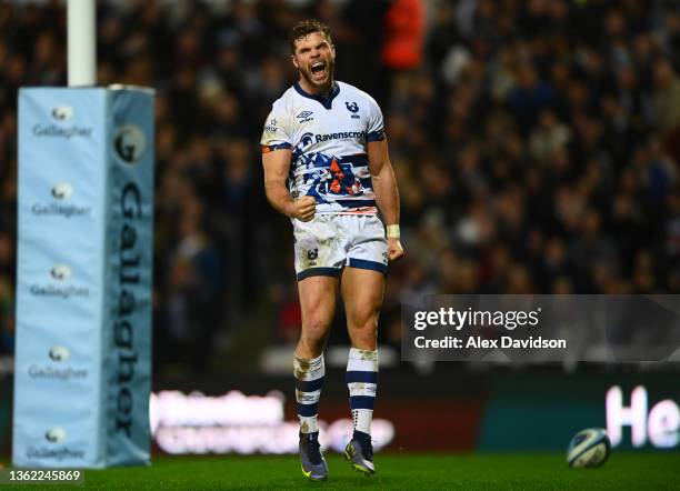Henry Purdy of Bristol Bears celebrates after scoring their side's first try during the Gallagher Premiership Rugby match between Exeter Chiefs and...