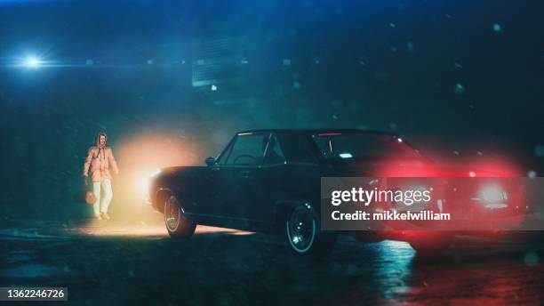 suspicious meeting between two men at night while it rains - mystery car stock pictures, royalty-free photos & images