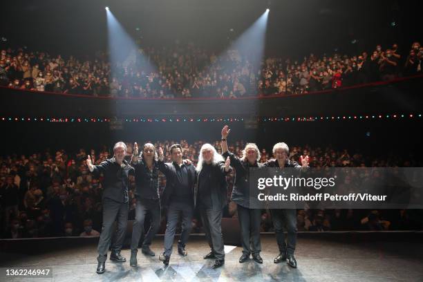 Laurent Gerra and his musicians acknowledge the applause of the audience at the end of his "Laurent Gerra sans Moderation" Show at L'Olympia on...