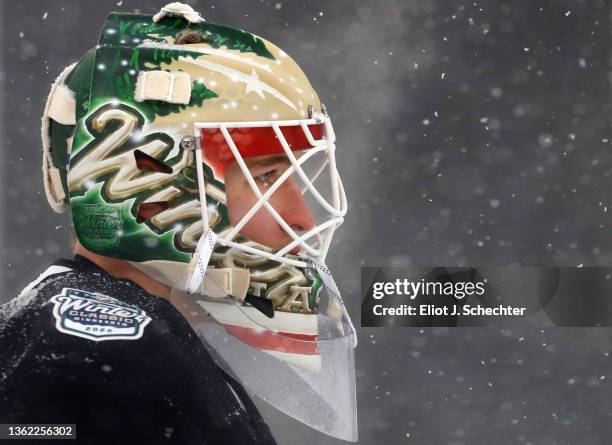 Goaltender Kaapo Kahkonen of the Minnesota Wild attends practice before the 2022 NHL Winter Classic between the St. Louis Blues and the Minnesota...