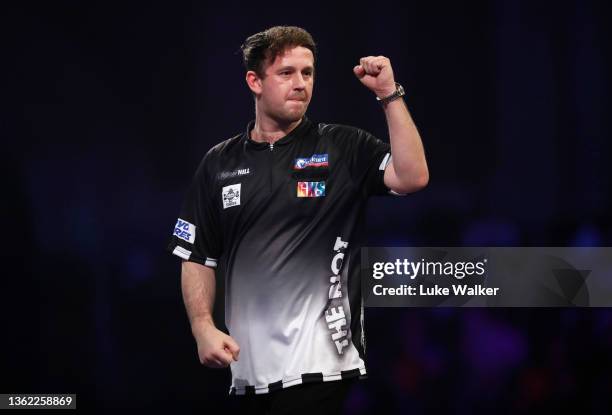 Callan Rydz of England reacts during his Quarter-Finals Match against Peter Wright of Scotland during Day Fourteen of The William Hill World Darts...