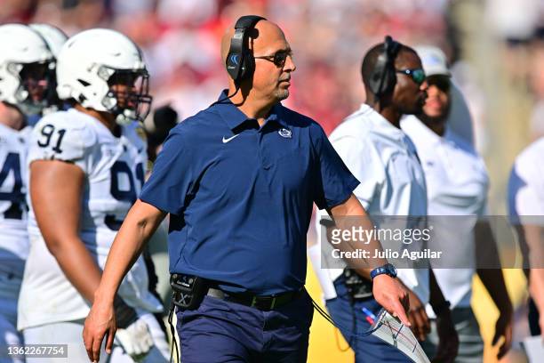 Head coach James Franklin of the Penn State Nittany Lions looks on during the third quarter against the Arkansas Razorbacks in the 2022 Outback Bowl...
