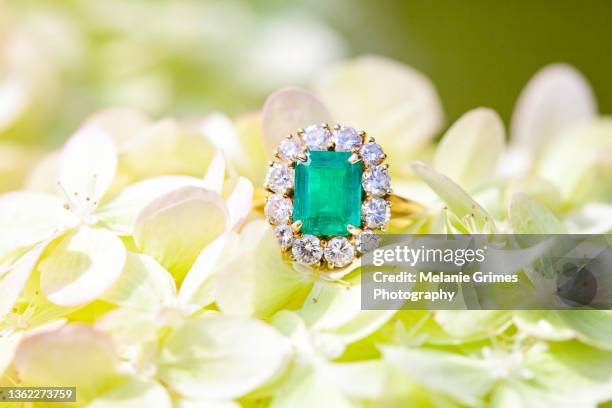 green emerald and diamond ring on white flowers - smaragdgroen stockfoto's en -beelden