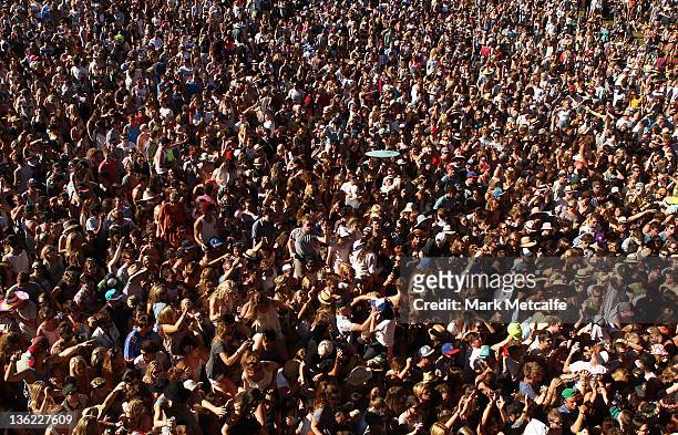 Large crowd watches Missy Higgins perform on stage on day one of the Falls Music Festival on December 29, 2011 in Lorne, Australia.