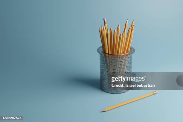 3d illustration. pen holder full of pencils on blue background isolated. - 3d render pencils stockfoto's en -beelden
