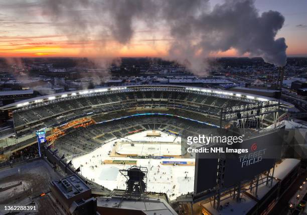 General aerial overview of Target field is seen before the 2022 NHL Winter Classic between the St. Louis Blues and the Minnesota Wild at Target Field...