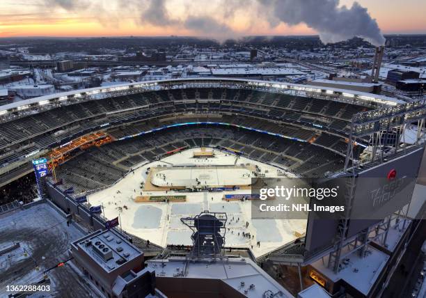 General aerial overview of Target field is seen before the 2022 NHL Winter Classic between the St. Louis Blues and the Minnesota Wild at Target Field...