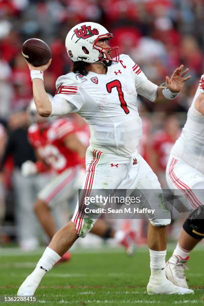 Cameron Rising of the Utah Utes throws a pass against the Ohio State Buckeyes during the third quarter in the Rose Bowl Game at Rose Bowl Stadium on...