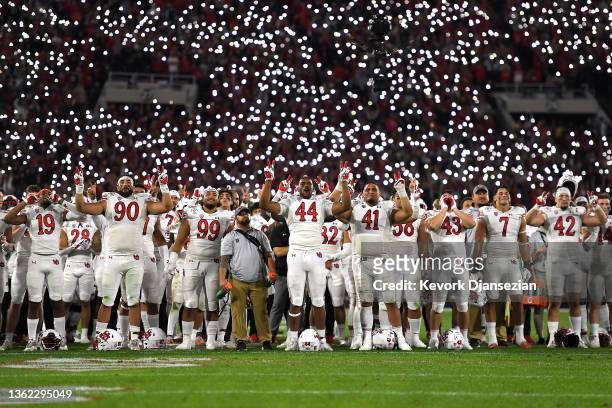Utah Utes players pay tribute to Ty Jordan and Aaron Lowe during the fourth quarter against the Ohio State Buckeyes in the Rose Bowl Game at Rose...