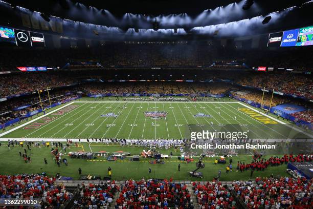 The Baylor Bears kick the opening kick-off to the Mississippi Rebels during the first quarter in the Allstate Sugar Bowl at Caesars Superdome on...