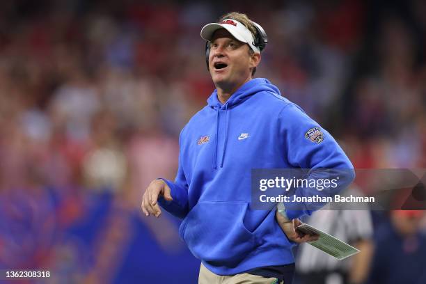 Head coach Lane Kiffin of the Mississippi Rebels reacts during the third quarter against the Baylor Bears in the Allstate Sugar Bowl at Caesars...