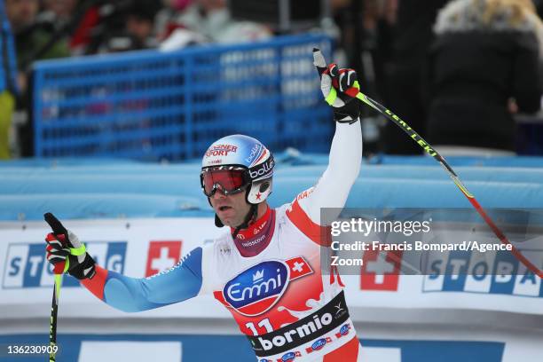 Didier Defago of Switzerland takes 1st place during the Audi FIS Alpine Ski World Cup Men's Downhill on December 29, 2011 in Bormio, Italy.