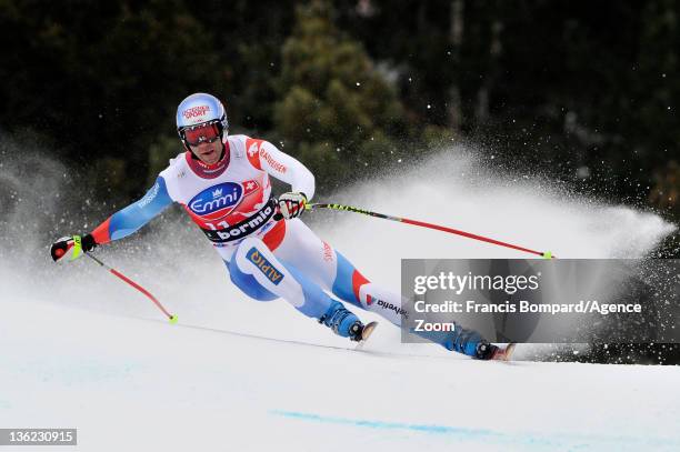Didier Defago of Switzerland competes and takes 1st place during the Audi FIS Alpine Ski World Cup Men's Downhill on December 29, 2011 in Bormio,...
