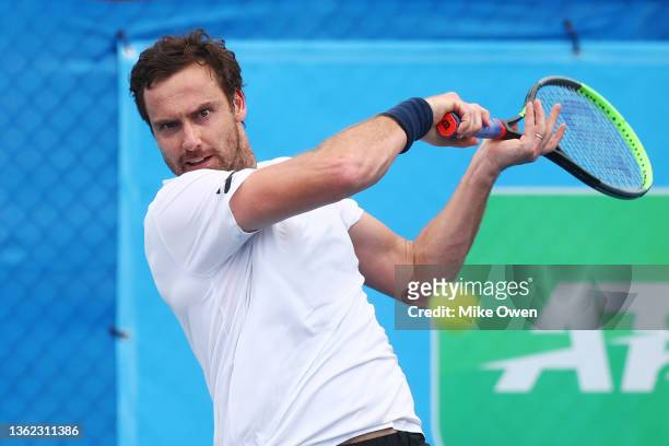 Ernests Gulbis of Latvia plays a forehand during day 1 of the 2022 Traralgon International at Traralgon Tennis Centre on January 02, 2022 in...