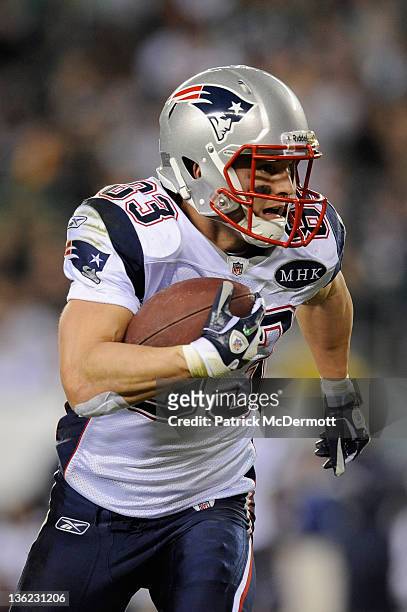 Wes Welker of the New England Patriots runs for yards after the catch against the Philadelphia Eagles at Lincoln Financial Field on November 27, 2011...
