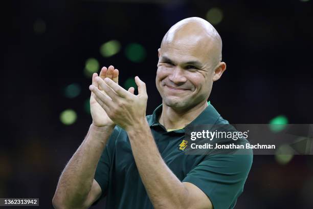 Head coach Dave Aranda of the Baylor Bears celebrates after defeating the Mississippi Rebels 21-7 in the Allstate Sugar Bowl at Caesars Superdome on...