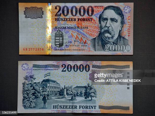 Front and reverse side of the bigest Hungarian note, a twenty-thousand forint is seen in Budapest on December 29, 2011.