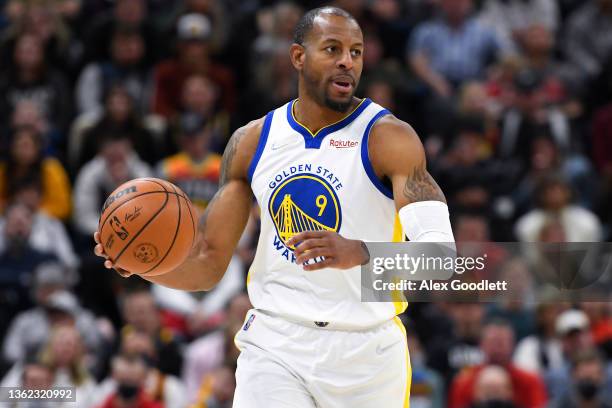 Andre Iguodala of the Golden State Warriors in action during the second half of a game against the Utah Jazz at Vivint Smart Home Arena on January...