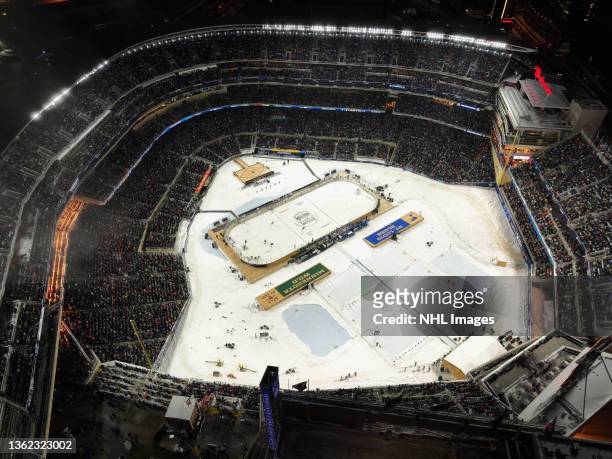 General aerial overview of game action during the 2022 NHL Winter Classic between the St. Louis Blues and the Minnesota Wild at Target Field on...