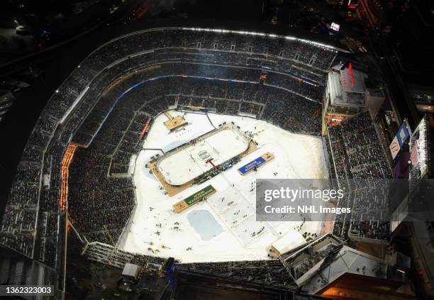 General aerial overview of the first period of the 2022 NHL Winter Classic between the St. Louis Blues and the Minnesota Wild at Target Field on...