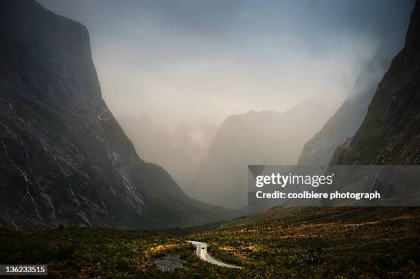 road in valley to milfordsound - vale 個照片及圖片檔