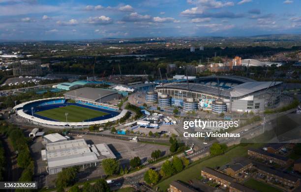 An aerial view of Manchester City's Etihad Campus before the UEFA Champion's League match between Manchester City and RB Leipzig in Manchester,...