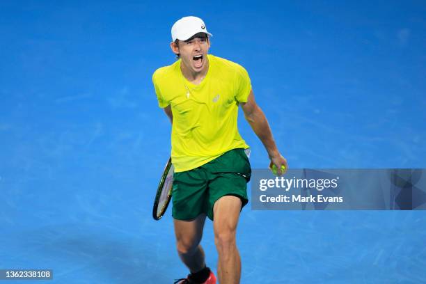 Alex de Minaur of Australia celebrates his win in his match against Matteo Berrettini of Italy during the day two 2022 ATP Cup tie between ITALY and...