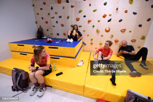 Demi Vollering of Netherlands, Lotte Kopecky of Belgium, Marlen Reusser of Switzerland and Lars Boom of The Netherlands Sports director during the...