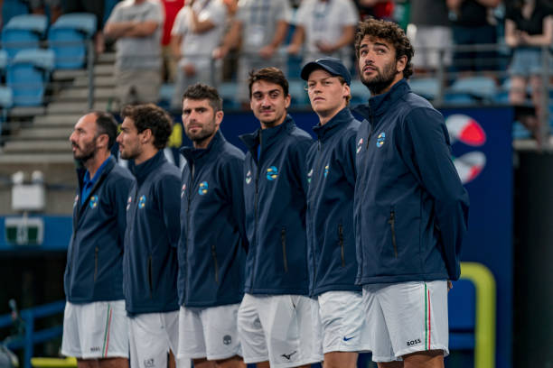 Team Italy Captain Vincenzo Santopadre; members Fabio Fognini, Simone Bolelli, Lorenzo Sonego, Jannik Sinner, Matteo Berrettini of Italy sing the...