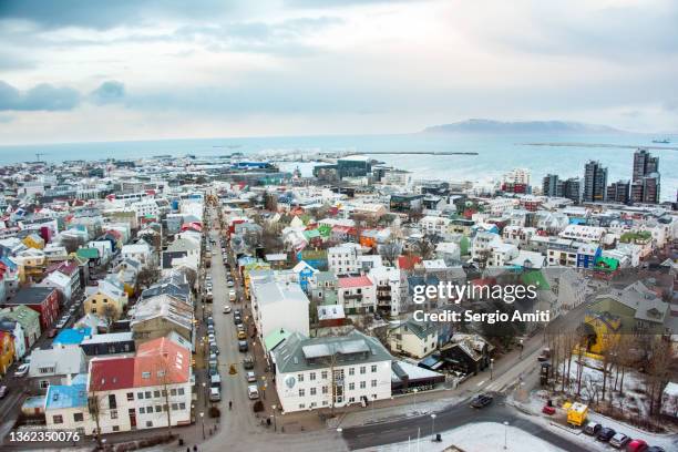 panoramic view of reykjavik old town - reykjavik hallgrimskirkja stock pictures, royalty-free photos & images