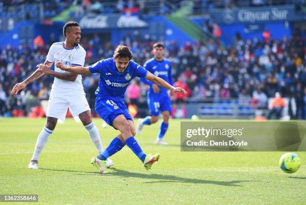 Enes Uenal of Getafe scores their sides first goal during the LaLiga Santander match between Getafe CF and Real Madrid CF at Coliseum Alfonso Perez...