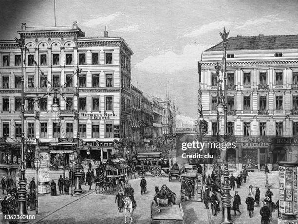 berlin - unter den linden and friedrichstraße, northern view - horsedrawn stock illustrations