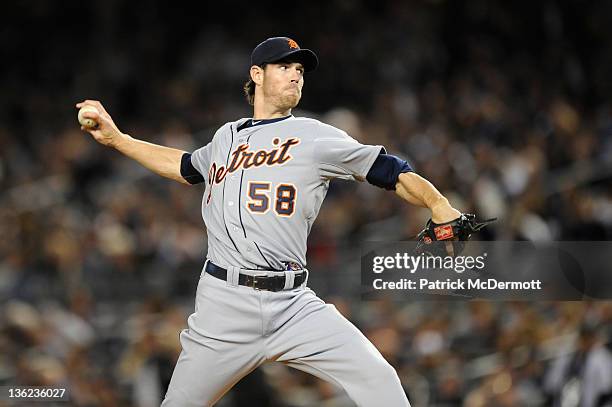 Doug Fister of the Detroit Tigers throws a pitch in the first inning against the New York Yankees during Game Five of the American League...