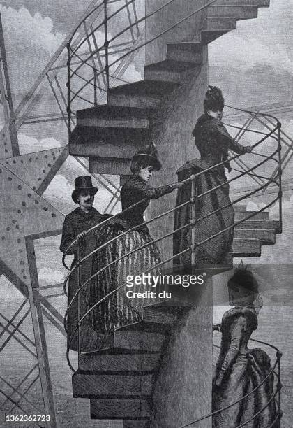 world exhibition paris 1889 - round staricase at eiffel tower - eiffel tower paris stock illustrations