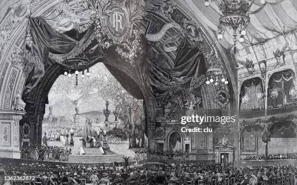 stockillustraties, clipart, cartoons en iconen met world exhibition paris 1889 - ode triomphale performance - theater play in paris