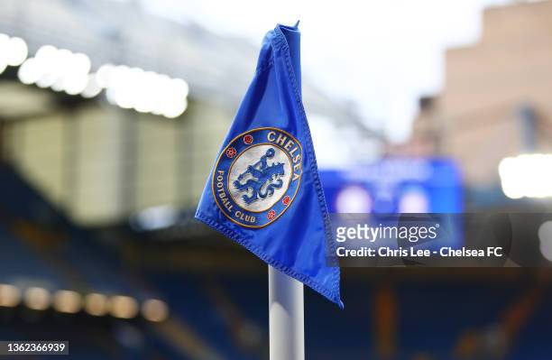 General view of a Chelsea logo on a corner flag inside of the stadium ahead of the Premier League match between Chelsea and Liverpool at Stamford...