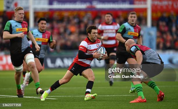 Ben Meehan of Gloucester takes on Tom Lawday of Harlequins during the Gallagher Premiership Rugby match between Gloucester Rugby and Harlequins at...