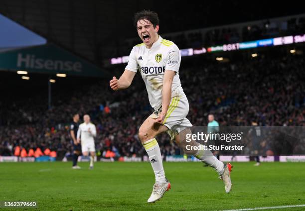 Daniel James of Leeds United celebrates after scoring their sides third goal during the Premier League match between Leeds United and Burnley at...
