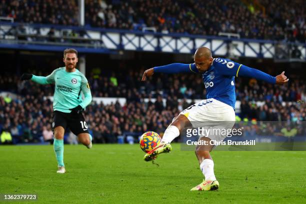 Jose Salomon Rondon of Everton takes a shot during the Premier League match between Everton and Brighton & Hove Albion at Goodison Park on January...