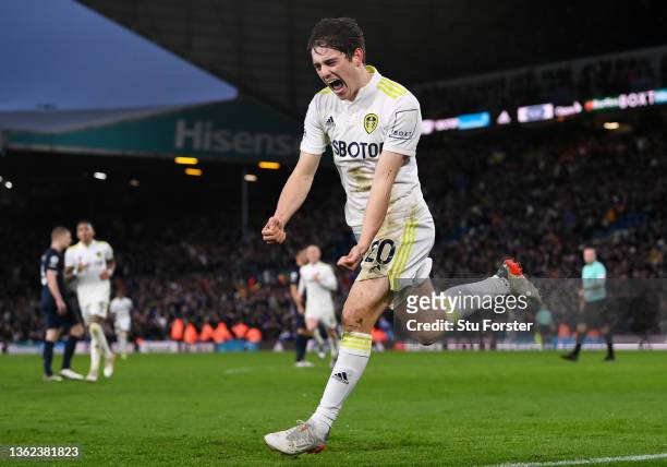 Daniel James of Leeds United celebrates after scoring their sides third goal during the Premier League match between Leeds United and Burnley at...