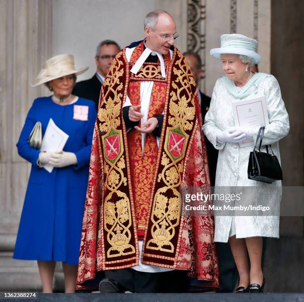 Queen Elizabeth II, accompanied by her lady-in-waiting Lady Diana Farnham , attends a Service of Thanksgiving to celebrate her Diamond Jubilee at St...
